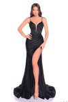 Black satin jersey fitted gown with embellished lace bodice and plunging neckline.