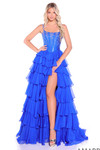 Royal blue tiered ruffle ball gown with beaded spaghetti straps.