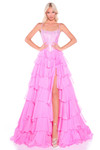 Bright pink ball gown with a beaded corset and cascading chiffon ruffle tiers.