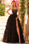 Black tiered ruffle ball gown with a beaded corset bodice, scoop neckline, and high slit.