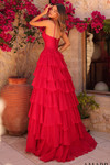 Back view of Amarra 89461 in red showcasing lace-up back and cascading ruffle tiers.