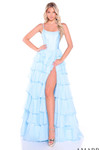 Amarra 89461 in light blue with scoop neckline, shoulder straps, and tiered ruffle ball gown silhouette.