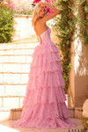 Back view of Amarra 89483 in rose pink showing lace-up back and cascading ruffle tiers.