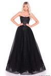 Black strapless A-line prom dress with a structured embellished lace bodice and full glitter tulle skirt.