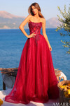 Strapless wine A-line prom dress with an embellished lace corset bodice and glitter tulle skirt.