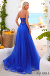 Back view of Amarra 89488 in royal blue showcasing lace-up back and flowing tulle skirt.