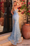 Back view of light blue embellished lace gown with V-back and sweep train.