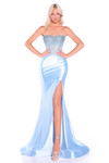 Light blue satin jersey prom dress with heavily beaded strapless corset bodice and thigh-high slit.