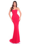 Red strapless ruched fit-and-flare prom dress with sweetheart neckline.