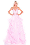 Amarra 89511 light pink ruffle waterfall ball gown with lace corset bodice and tiered skirt, front view.