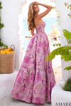 Back view of rose print floral brocade A-line gown with structured bodice and lace-up back.