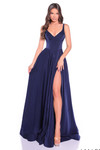 Amarra 89519 navy satin A-line prom dress with corset bodice and dramatic slit, front view.