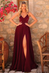 Amarra 89519 wine satin A-line prom dress with V-neckline, corset bodice, and thigh-high slit, front view.