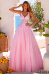 Amarra 89523 light pink lace appliqué tulle ball gown with V-neckline and corset bodice, front view.