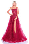 Wine A-line prom dress with applique straps, lace bodice, and glitter tulle skirt.