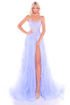 Lilac A-line prom dress with structured lace bodice and cascading appliques.