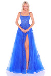 Royal blue A-line prom dress with glitter tulle skirt and scoop neckline.