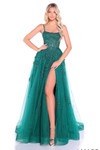 Emerald A-line prom dress with lace corset bodice, glitter tulle skirt, and thigh-high slit.
