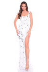 Amarra 89606 ivory/silver mirror beaded sheath prom dress with square neckline and thigh-high slit, front view.