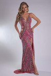 Jasz Couture 7611 in Pink side angle highlighting the fitted silhouette and intricate diagonal beadwork