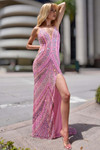 Jasz Couture 7611 in Pink front view featuring sequined sheath gown with plunging neckline and dramatic leg slit