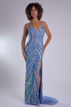 Jasz Couture 7611 in Periwinkle front view displaying iridescent sequins on form-fitting sheath silhouette