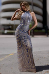 Jasz Couture 7912 in Nude/Blue side view displaying intricate beaded column silhouette