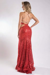 Back view of red Jasz Couture 7916 featuring the open strappy back and sequin fitted silhouette.