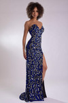 Jasz Couture 7922 in Royal Blue front view featuring swirl beading and thigh-high slit