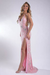 Model in pink Jasz Couture 7923 with floral sequins and thigh-high slit.