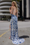 Back view of white/blue Jasz Couture 7923 showing open crisscross back and beaded train.