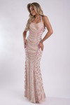 Jasz Couture 7925 in Nude front view with halter scoop neckline and cascading draped beadwork
