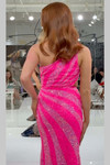Jasz Couture 7929 in Hot Pink back view showcasing diagonal stripe sequin design