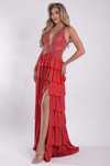 Jasz Couture 7933 in Red front view with plunging halter neckline and tiered ruffle skirt