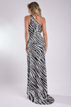 Jasz Couture 7934 in Black/White back view displaying fitted sheath silhouette and zebra pattern