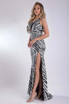 Jasz Couture 7934 in Black/White front view with one-shoulder neckline and zebra sequin print