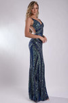 Jasz Couture 7948 in Navy side view displaying fitted sheath silhouette and thigh-high slit