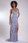 Jasz Couture 7951 in Periwinkle front view with V-neckline, spaghetti straps, and fully beaded sequin pattern