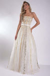 Jasz Couture 7952 in White/Gold front view with strapless neckline and linear beaded tulle skirt
