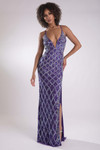 Model wearing the purple version of the beaded prom dress with a plunging neckline and high slit.