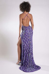 Back view of the purple beaded gown showcasing the open crisscross back and sweeping sheath skirt.