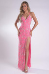 Jasz Couture 7954 in Hot Pink front view with V-neckline and all-over floral beadwork