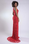 Jasz Couture 7956 in Red back view showcasing open back design and zipper closure