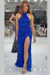 Jasz Couture 7956 in Royal Blue front view featuring high halter neckline and high slit