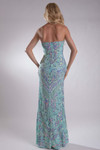 Back view of the mint gown showing the fitted silhouette and sequin detailing.