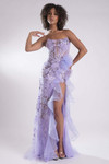 Jasz Couture 7960 in Lilac front view with 3D appliques, sheer corset bodice, and ruffle tulle slit