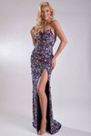 Model wearing a black/multi strapless keyhole gown with multicolor beading and thigh-high slit.