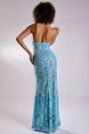 Back view of the aqua halter gown featuring a mid-open back and fitted beaded silhouette.