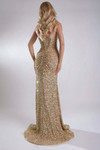 Back view of Jasz Couture 7969 in gold showing mid-open back with zipper and fitted silhouette.