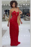 Front view of Jasz Couture 7973 in red featuring 3D petal texture and strapless keyhole neckline.